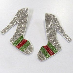 Large White, Red & Green Bling High Heel Shoe Sparkle Rhinestone Earrings